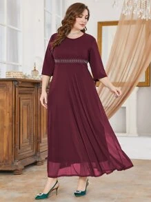 Modelyn Burgundy Red Plus Beaded Detail Dress - Burgundy - View 3
