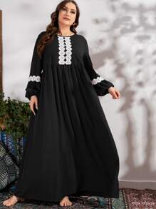 Seusyu 加凸纹蕾丝贴花长灯笼袖罩衫朴素连衣裙 - 黑色 - 查看 1