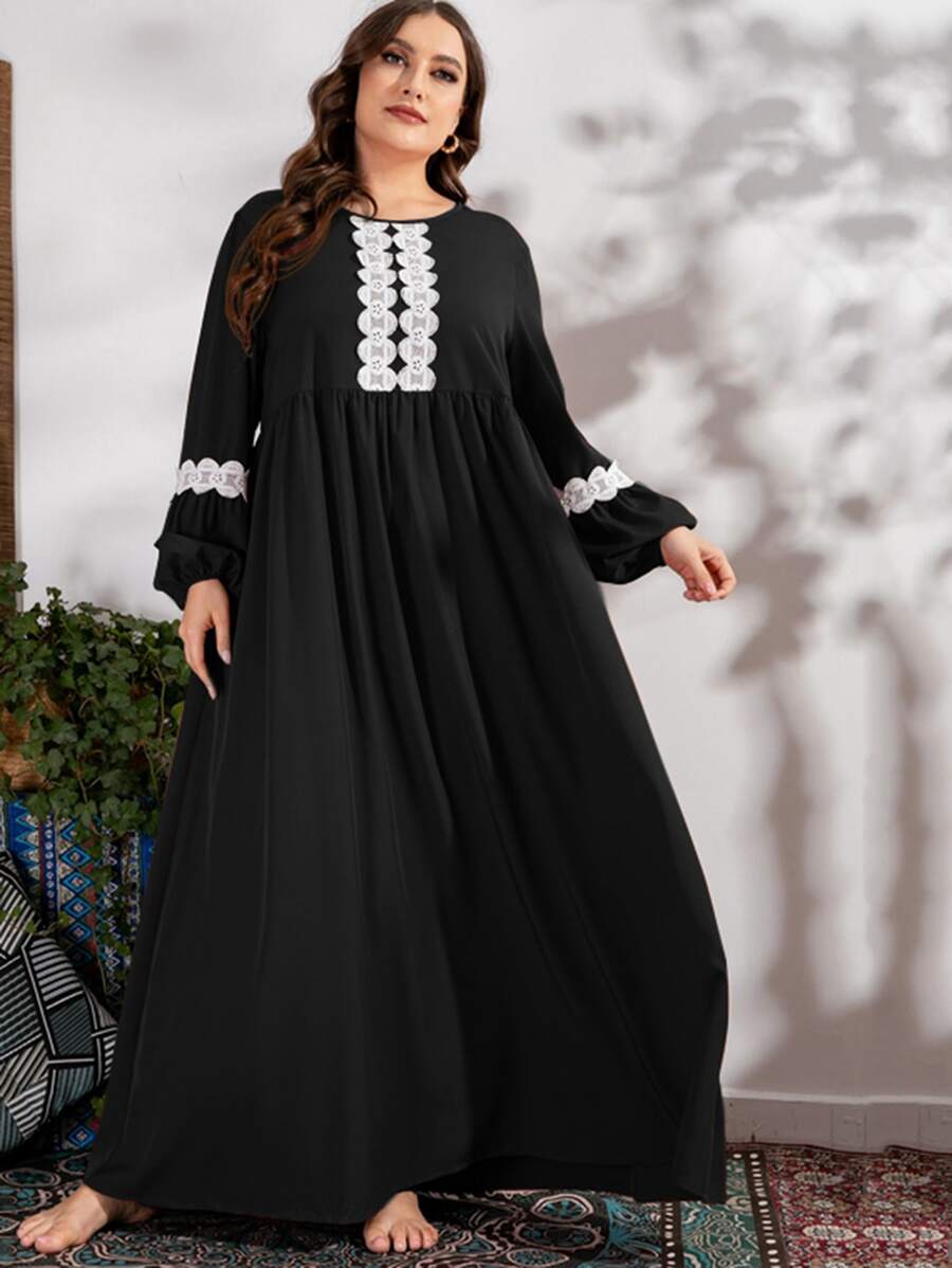 Seusyu 加凸纹蕾丝贴花长灯笼袖罩衫朴素连衣裙 - 黑色 - 查看 1