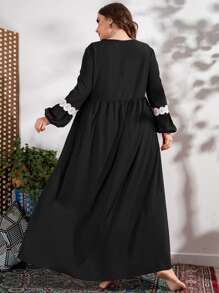 Seusyu 加凸纹蕾丝贴花长灯笼袖罩衫朴素连衣裙 - 黑色 - 查看 2