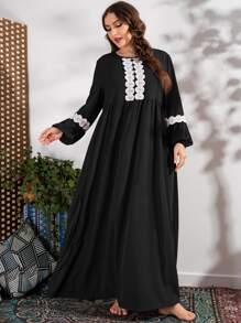 Seusyu 加凸纹蕾丝贴花长灯笼袖罩衫朴素连衣裙 - 黑色 - 查看 3