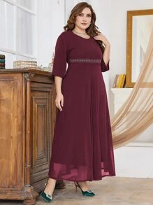 Modelyn Burgundy Red Plus Beaded Detail Dress - Burgundy - View 6