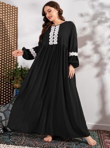 Seusyu 加凸纹蕾丝贴花长灯笼袖罩衫朴素连衣裙 - 黑色 - 查看 4