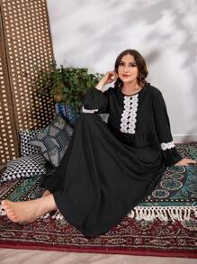 Seusyu 加凸纹蕾丝贴花长灯笼袖罩衫朴素连衣裙 - 黑色 - 查看 6