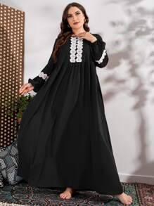 Seusyu 加凸纹蕾丝贴花长灯笼袖罩衫朴素连衣裙 - 黑色 - 查看 7