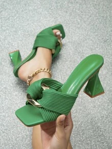 春夏女士金属装饰雕塑感高跟穆勒凉鞋，时尚绿色高跟凉鞋 - 綠色 - 查看 6