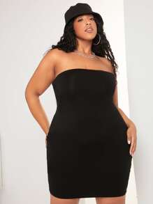 SHEIN CURVE+ Plus Solid Tube Bodycon Dress - Black - View 3