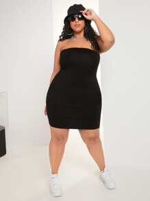 SHEIN CURVE+ Plus Solid Tube Bodycon Dress - Black - View 4