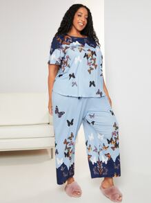SHEIN CURVE+ Conjunto de pijama con estampado de mariposa - Multicolor - Ver 2