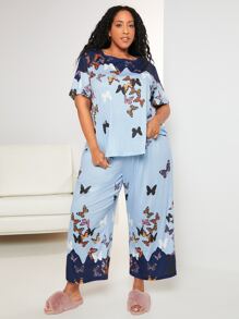 SHEIN CURVE+ Conjunto de pijama con estampado de mariposa - Multicolor - Ver 3