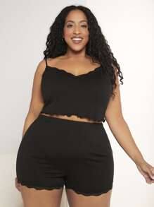 SHEIN CURVE+ Plus Lettuce Trim Cami Top & Shorts PJ Set - Black - View 7