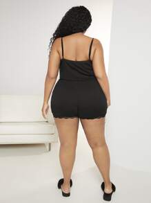 SHEIN CURVE+ Plus Lettuce Trim Cami Top & Shorts PJ Set - Black - View 4