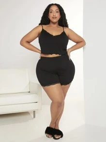 SHEIN CURVE+ Plus Lettuce Trim Cami Top & Shorts PJ Set - Black - View 5