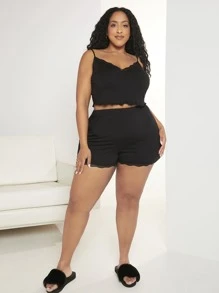 SHEIN CURVE+ Plus Lettuce Trim Cami Top & Shorts PJ Set - Black - View 6