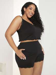 SHEIN CURVE+ Plus Lettuce Trim Cami Top & Shorts PJ Set - Black - View 2