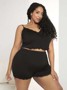SHEIN CURVE+ Plus Lettuce Trim Cami Top & Shorts PJ Set - Black - View 1