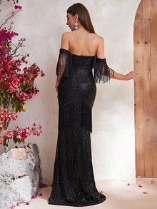 YISIKADO Off Shoulder Fringe Trim Mermaid Hem Sequin Formal Dress - Black - View 2