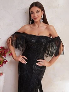 YISIKADO Off Shoulder Fringe Trim Mermaid Hem Sequin Formal Dress - Black - View 5