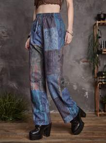 ROMWE Goth Quần nữ Thắt nút Đồ họa Chắp vá Boho - Nhiều màu - Xem 1