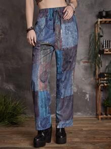 ROMWE Goth Quần nữ Thắt nút Đồ họa Chắp vá Boho - Nhiều màu - Xem 3
