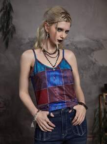 ROMWE Goth Patchwork Print Cami Top - Multicolor - View 6