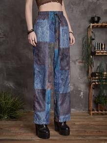 ROMWE Goth Quần nữ Thắt nút Đồ họa Chắp vá Boho - Nhiều màu - Xem 4