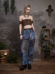 ROMWE Goth Quần nữ Thắt nút Đồ họa Chắp vá Boho - Nhiều màu - Xem 5