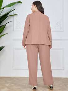 Mulvari Bộ Suit kích thước lớn Nút Đắp vá màu trơn Thanh lịch - Bụi hồng - Xem 2
