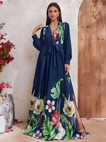 YISIKADO Đầm Tách cao Hoa Boho - Màu xanh lam - Xem 1