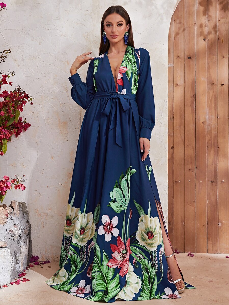 YISIKADO Đầm Tách cao Hoa Boho - Màu xanh lam - Xem 1