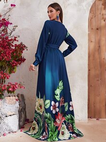 YISIKADO Đầm Tách cao Hoa Boho - Màu xanh lam - Xem 2
