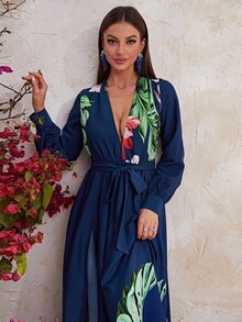 YISIKADO Đầm Tách cao Hoa Boho - Màu xanh lam - Xem 3