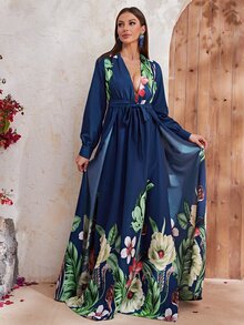 YISIKADO Đầm Tách cao Hoa Boho - Màu xanh lam - Xem 4