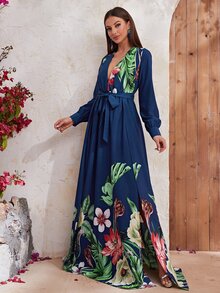 YISIKADO Đầm Tách cao Hoa Boho - Màu xanh lam - Xem 6
