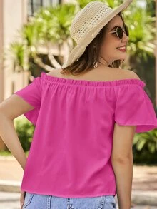 SHEIN VCAY Off Shoulder Frill Trim Solid Blouse - Hot Pink - View 2