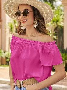SHEIN VCAY Off Shoulder Frill Trim Solid Blouse - Hot Pink - View 3
