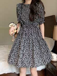 Vestido floral ribete con fruncido - Negro - Ver 1