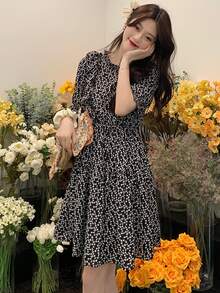 Vestido floral ribete con fruncido - Negro - Ver 4