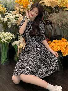 Vestido floral ribete con fruncido - Negro - Ver 5