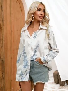 Modelyn Plants Print Drop Shoulder Shirt - White - View 4