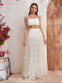 YISIKADO 後背繫帶吊帶上衣和蝴蝶刺繡網紗覆蓋半身裙 - 白色 - 查看 1