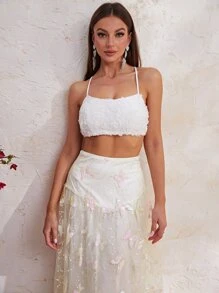 YISIKADO 後背繫帶吊帶上衣和蝴蝶刺繡網紗覆蓋半身裙 - 白色 - 查看 3