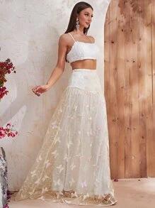 YISIKADO 後背繫帶吊帶上衣和蝴蝶刺繡網紗覆蓋半身裙 - 白色 - 查看 5