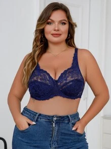 Plus Floral Lace Underwire Bra - Royal Blue - View 1