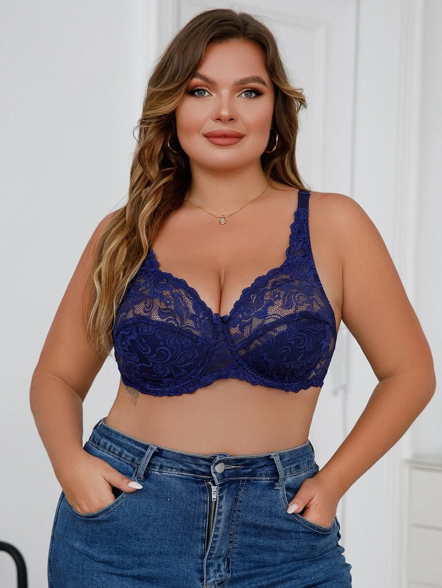 Plus Floral Lace Underwire Bra - Royal Blue - View 1