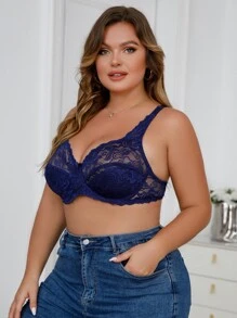 Plus Floral Lace Underwire Bra - Royal Blue - View 3