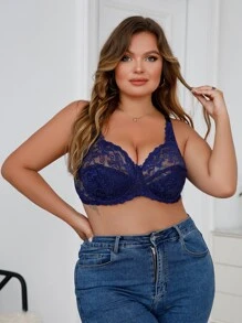 Plus Floral Lace Underwire Bra - Royal Blue - View 4