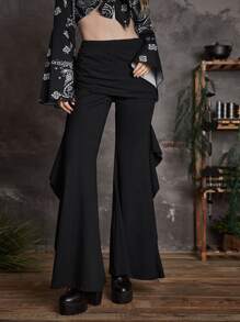 ROMWE Goth Solid Ruffle Trim Flare Leg Pants - Black - View 1