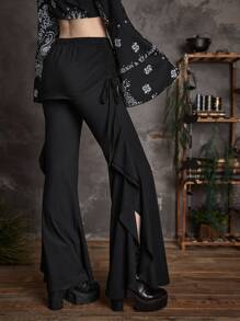 ROMWE Goth Solid Ruffle Trim Flare Leg Pants - Black - View 2