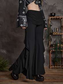 ROMWE Goth Solid Ruffle Trim Flare Leg Pants - Black - View 4